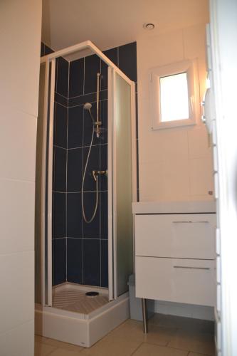 een badkamer met een douche en een glazen deur bij Les Carcahutes in Audresselles