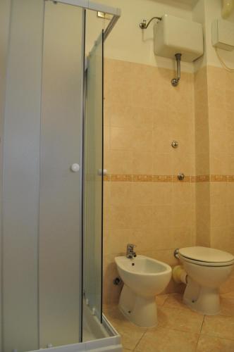 a bathroom with a toilet and a glass shower stall at Hotel Cecile in Pisa