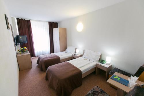 Un pat sau paturi într-o cameră la Hotel Mures