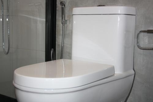 a white toilet in a bathroom with a shower at Ella Repose in Ella