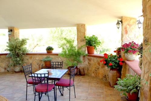 a patio with a table and chairs and plants at Casale Orioles in Torretta