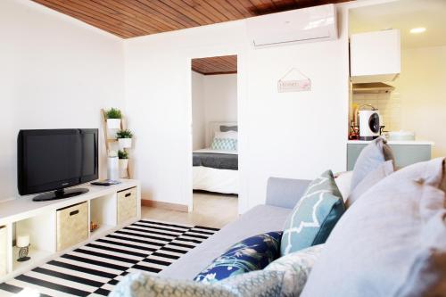 salon z kanapą i telewizorem w obiekcie Alfama Apartment Rose - Sardinha w Lizbonie