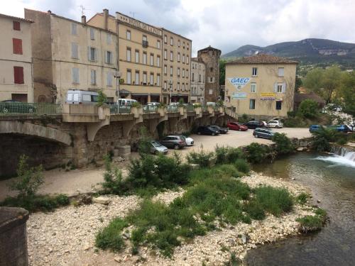 a bridge over a river in a city with buildings at Logis Hôtel Restaurant de la Paix in Lodève