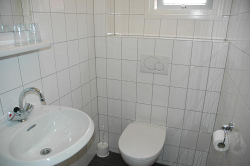 a white bathroom with a toilet and a sink at Hotel Vierhouten in Vierhouten