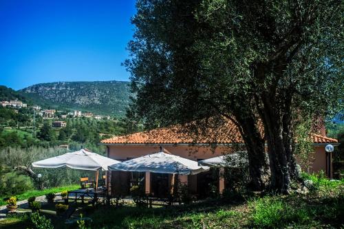 a building with tables and umbrellas in front of it at Agriturismo Murikè in Santa Marina