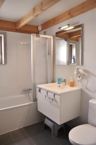 a bathroom with a sink and a toilet and a tub at Zeepark Mercator in Wenduine