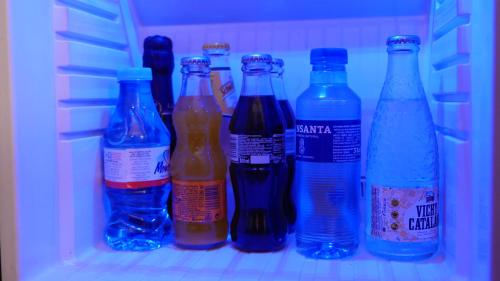 a refrigerator filled with different types of bottles of soda at Hotel Rusadir in Melilla