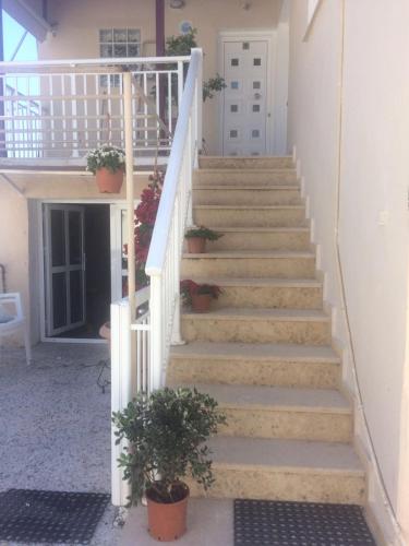 a staircase leading up to a house with potted plants at Alexis Studios in Finikounta