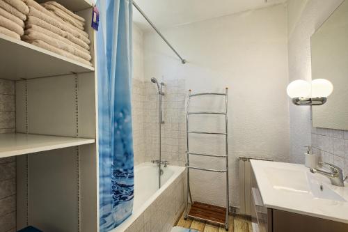a bathroom with a shower and a sink at Gîte L'Hirondelle in Castelnau-de-Médoc