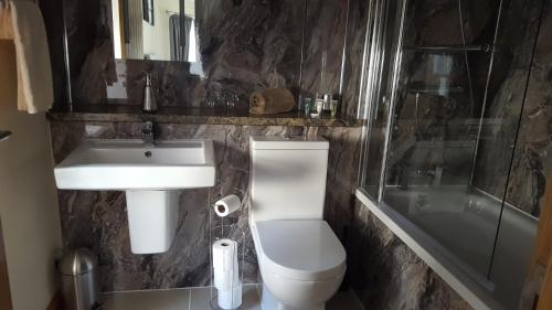a bathroom with a toilet and a sink and a tub at Star Inn Rooms in Ardersier
