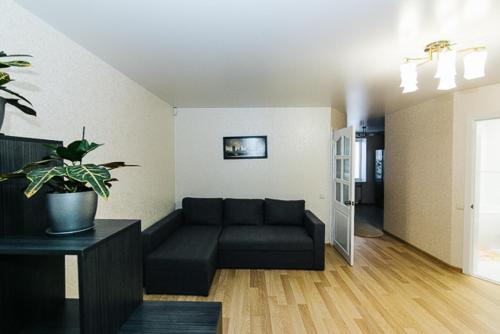 a living room with a couch and a potted plant at VIP Apartment ob Gorkogo Square in Sumy