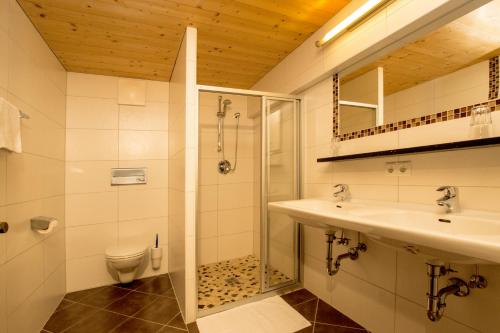 a bathroom with a shower and a sink and a toilet at Appartement Jagdhof in Flachau
