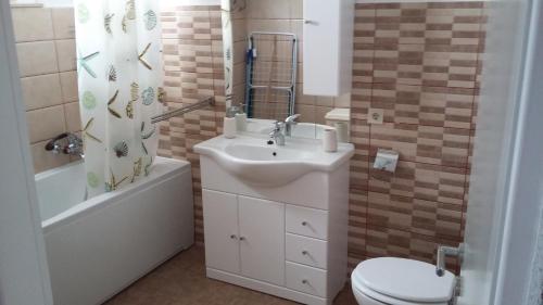 a bathroom with a sink and a toilet and a shower at Apartment Antica in Povlja