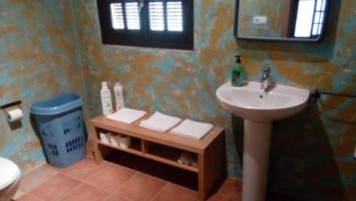 a bathroom with a sink and a toilet and a mirror at Los Duendes in El Puerto de Santa María