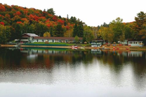 a view of a lake with a house and trees at Algonquin Lakeside Inn in Dwight