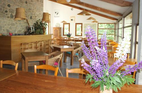 un restaurante con mesas, sillas y flores púrpuras en Hôtel Auberge du Combaïre, en Laguiole
