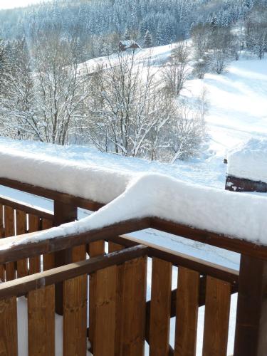 a wooden railing covered in snow with a snow covered field at Pension Hollmann in Harrachov