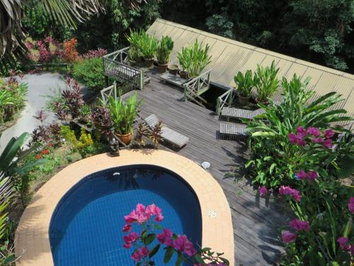 una piscina in un giardino con fiori e piante di Nanga Damai Homestay a Santubong