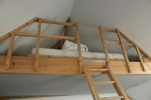 a wooden bunk bed with a ladder in a room at Studio neuf proche d'Alençon et Le mans in Lonrai