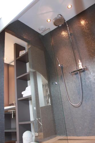 a bathroom with a shower with a glass shower at Manoir Dalmore in Névez