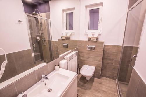 Un baño con inodoro, lavabo y ducha. en Weidner Apartments, en Sibiu
