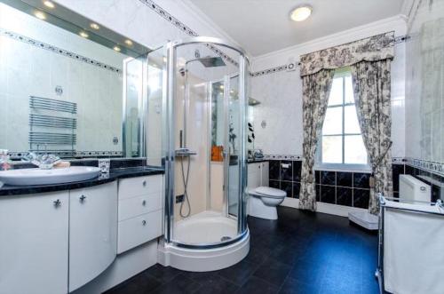 a bathroom with a shower and a toilet and a sink at Northolme Hall mansion with pool in Wainfleet All Saints