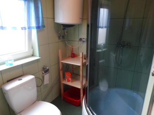 LipuszにあるMakowy domekのバスルーム(シャワー、トイレ、バスタブ付)