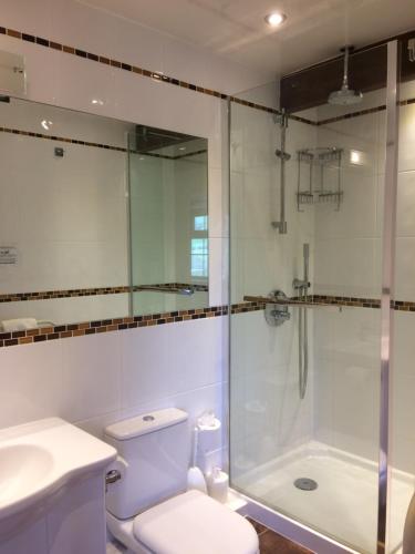 a bathroom with a shower and a toilet and a sink at Sid Valley Country House Hotel in Sidmouth