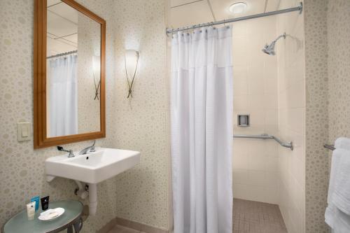 a bathroom with a shower, sink, and mirror at Crowne Plaza San Francisco Airport, an IHG Hotel in Burlingame