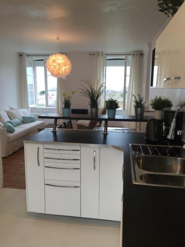 une cuisine et un salon avec un comptoir dans l'établissement Vue magnifique sur mer, à Saint-Pair-sur-Mer