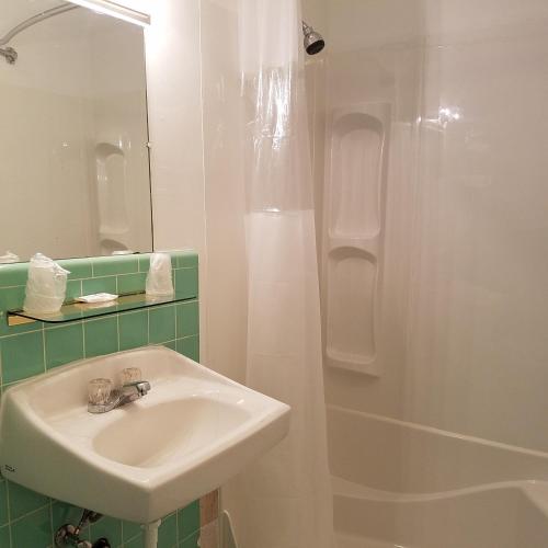 ein Bad mit einem Waschbecken und einer Dusche in der Unterkunft Greenwell Motel in La Grande