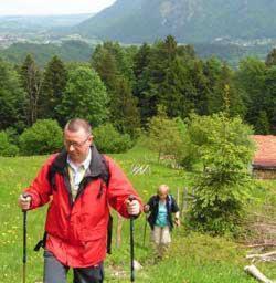 two people walking in a field with trekking poles at Gasthof Mühlwinkl in Staudach-Egerndach