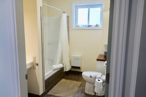 a bathroom with a toilet and a shower with a window at Résidence Touristique Les Bouleaux in Petit-Saguenay