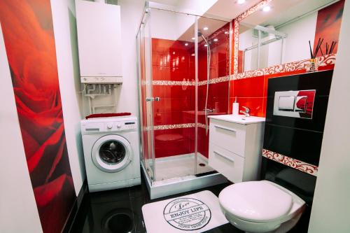 ein Badezimmer mit einem WC und einer Waschmaschine in der Unterkunft Apartament Carolina II in Toruń