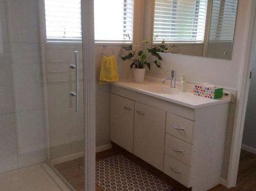 a bathroom with a shower and a sink and a mirror at Bethlehem Garden Retreat in Tauranga