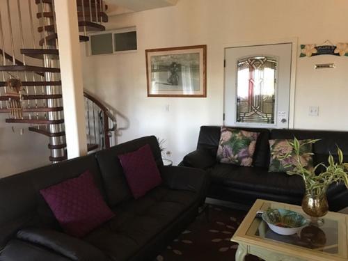 a living room with a black couch and a table at Coconut Palms Vacation Rental near lava fields and beaches in Kehena