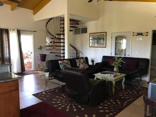 a living room with a couch and a table at Coconut Palms Vacation Rental near lava fields and beaches in Kehena