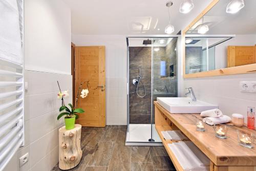 a bathroom with a sink and a shower at Ban Rutzner in SantʼAndrea in Monte