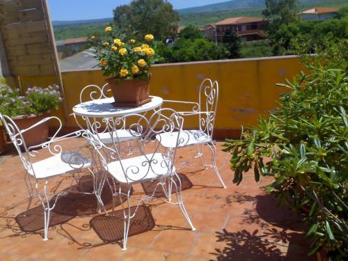 a patio table and chairs with a pot of flowers at B&B Tredomus in Tresnuraghes
