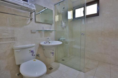 a bathroom with a toilet and a shower and a sink at Chang Cheng Min Su in Magong