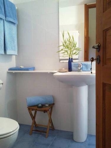 a bathroom with a sink and a toilet and a mirror at Helicon Muses Friendly Mountain B&B Guesthouse in Evangelístria