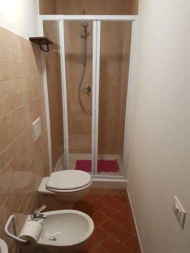 a bathroom with a shower with a toilet and a sink at Affittacamere Adri in Uzzano