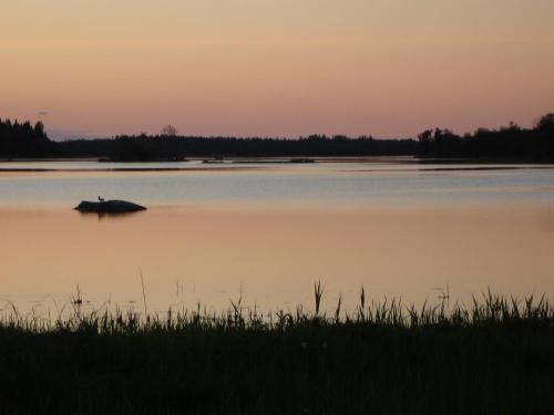 a boat in the middle of a lake at sunset at Karlholm Snatra Stugområde in Karlholmsbruk