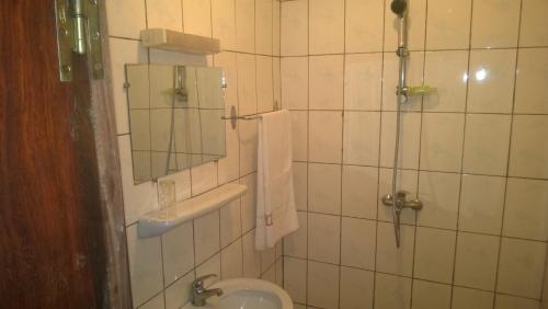 a bathroom with a shower and a toilet and a mirror at First International Inn Downtown in Limbe