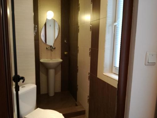 a small bathroom with a toilet and a sink at Blyan Family Hotel in Chiflik