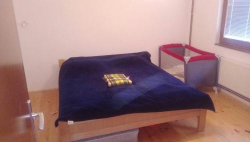 a bed with a blue blanket on top of it at Apartment Mehi in Pazarić
