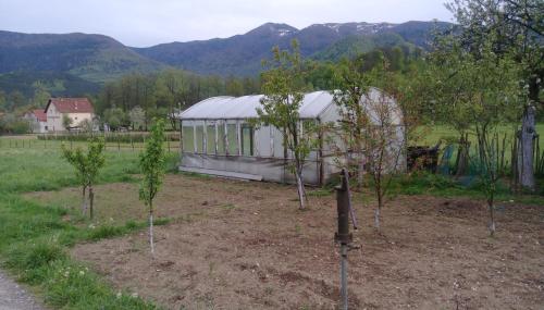 a greenhouse with trees in a field with mountains at Apartment Mehi in Pazarić