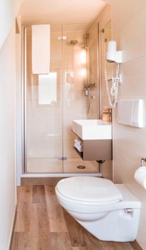 a white bathroom with a toilet and a shower at Pension Hotel Sartor in Kurort Altenberg