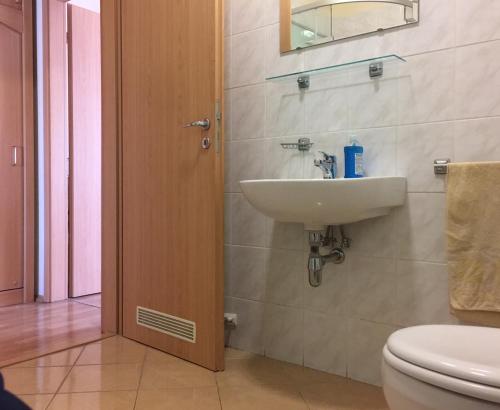 ein Bad mit einem Waschbecken und einem WC in der Unterkunft József Attila Apartman Hajdúszoboszló in Hajdúszoboszló