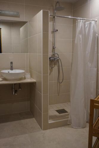 a bathroom with a shower and a sink at Pargi Apartment in Kuressaare